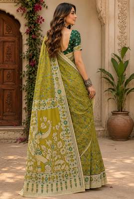 Women linen olive green kalamkari bollywood saree 3