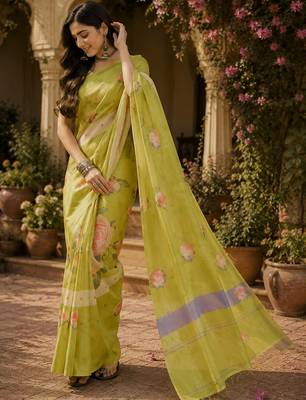 Women linen lime green floral print bollywood saree 1
