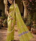 Women linen lime green floral print bollywood saree