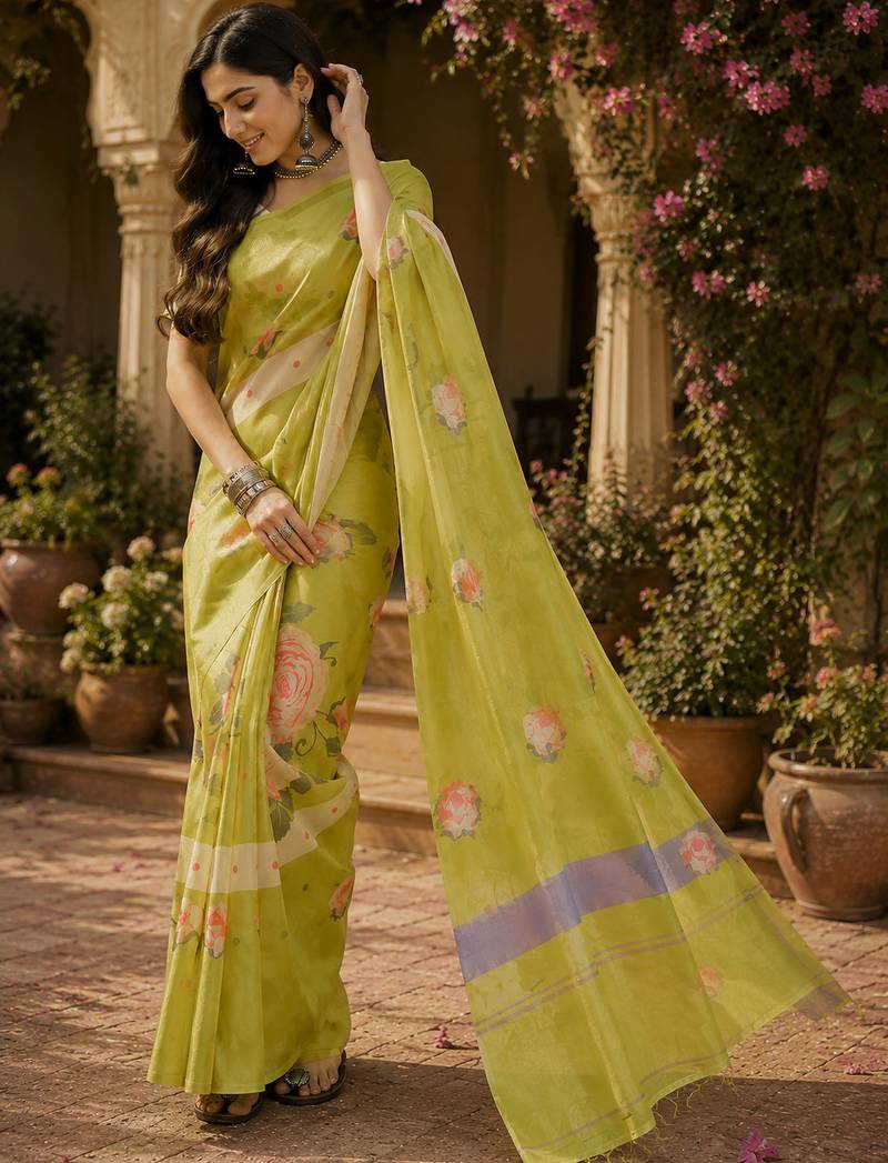 Women linen lime green floral print bollywood saree