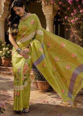Women linen lime green floral print bollywood saree 2