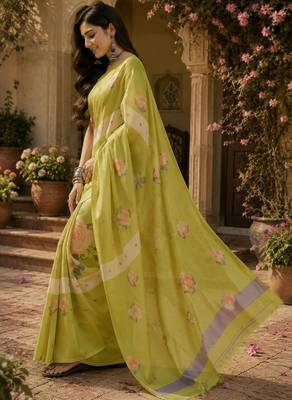 Women linen lime green floral print bollywood saree 3