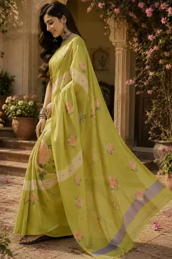 Women linen lime green floral print bollywood saree