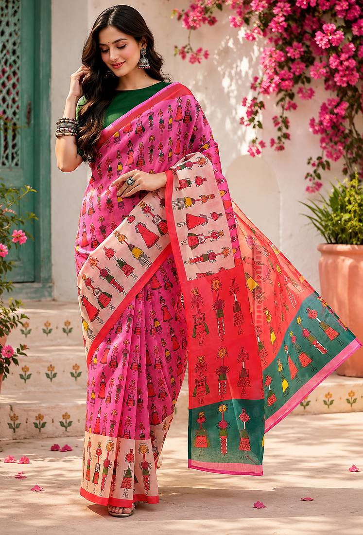 Women linen baby pink folk figurines bollywood saree