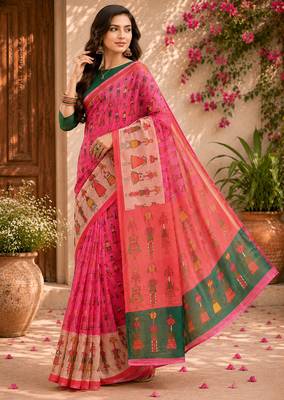Women linen baby pink folk figurines bollywood saree 2