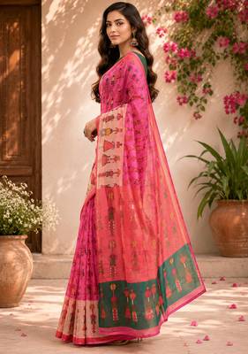 Women linen baby pink folk figurines bollywood saree 3