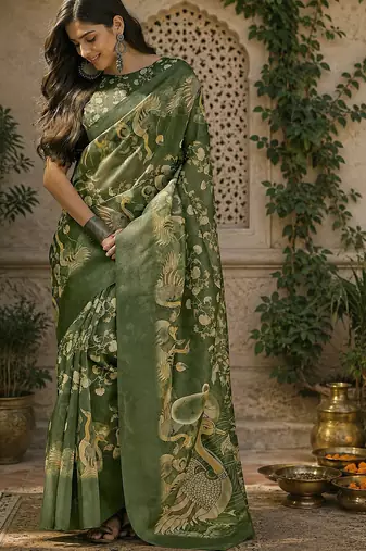 Women linen mahendi green floral motifs bollywood saree