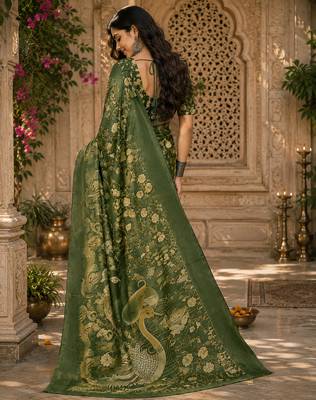 Women linen mahendi green floral motifs bollywood saree 3