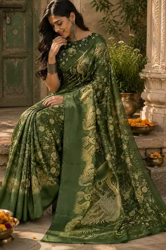 Women linen mahendi green floral motifs bollywood saree