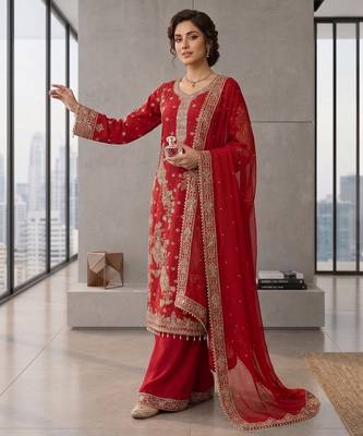 Red embroidered straight kurta palazzo set with dupatta 2