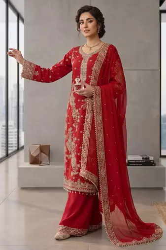Red embroidered straight kurta palazzo set with dupatta