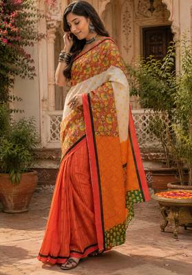 Women linen multicolor floral bollywood saree 2
