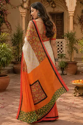 Women linen multicolor floral bollywood saree