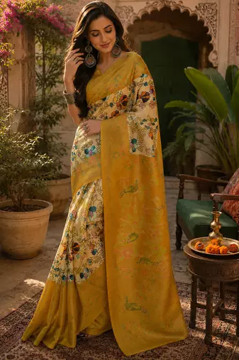 Women linen cream & mustard yellow kalamkari bollywood saree