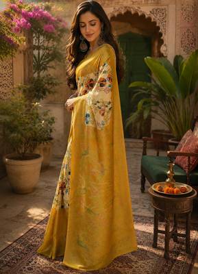 Women linen cream & mustard yellow kalamkari bollywood saree 3