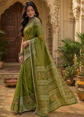 Women linen mehndi green ethnic block prints bollywood saree 3