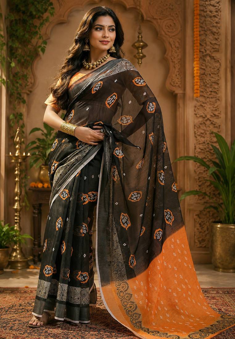 Women linen black & orange bandhani bollywood saree