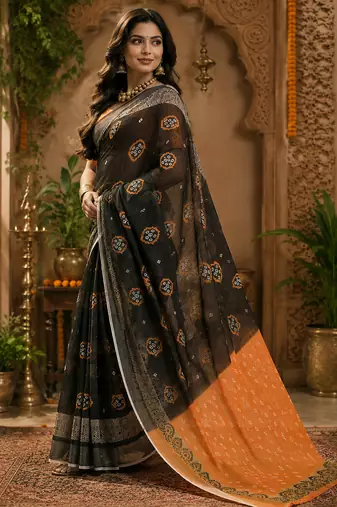 Women linen black & orange bandhani bollywood saree