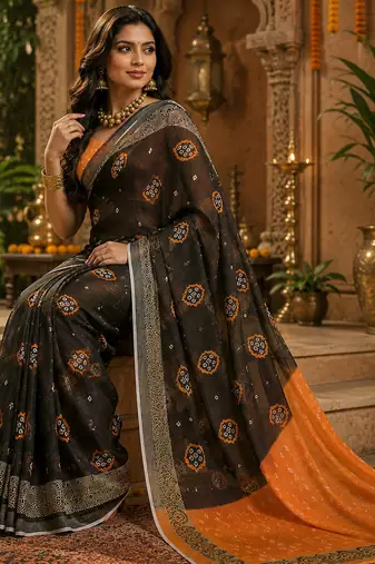 Women linen black & orange bandhani bollywood saree