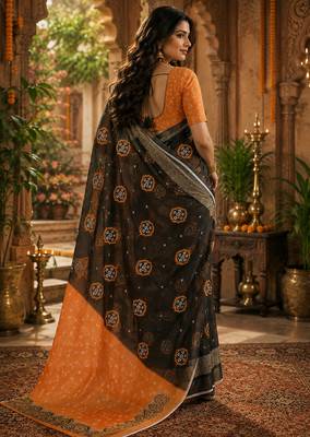 Women linen black & orange bandhani bollywood saree 4