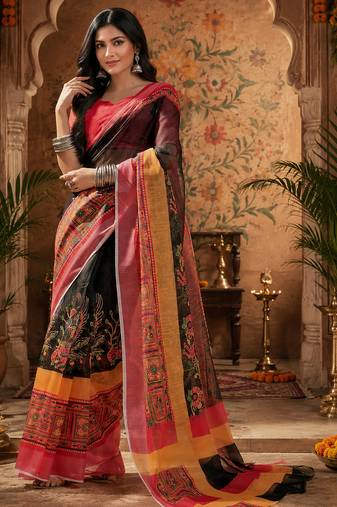 Women linen multicolor floral motifs bollywood saree