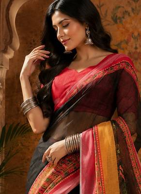 Women linen multicolor floral motifs bollywood saree 4