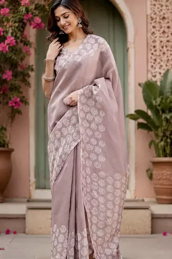 Women linen pastel lavender batik print bollywood saree