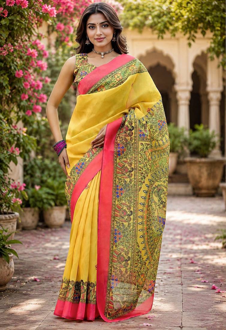 Women linen canary yellow madhubani bollywood saree