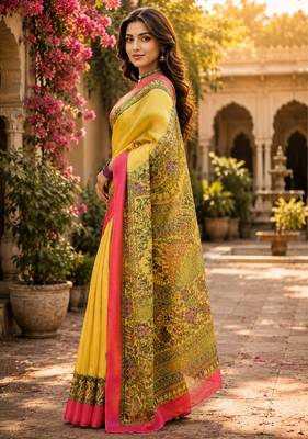 Women linen canary yellow madhubani bollywood saree 2