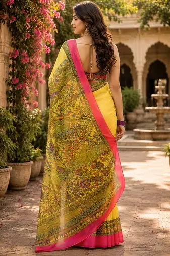 Women linen canary yellow madhubani bollywood saree