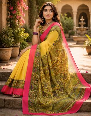 Women linen canary yellow madhubani bollywood saree 4