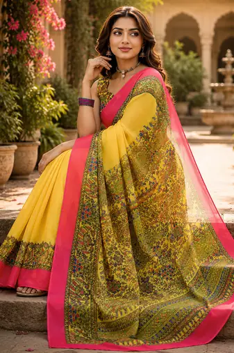Women linen canary yellow madhubani bollywood saree