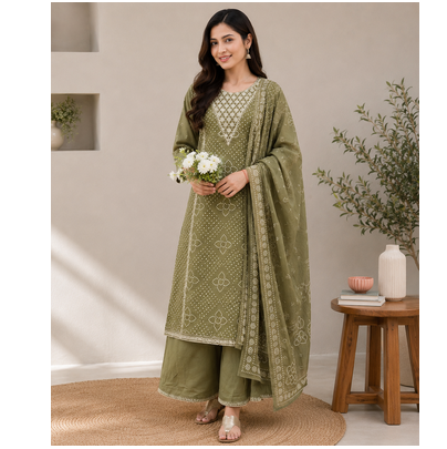 Women's Green Bandhani Printed Kurta Pant Set with Dupatta 1