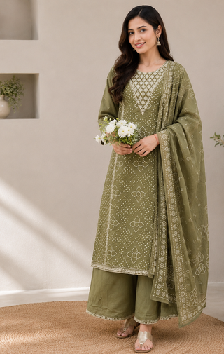 Women's Green Bandhani Printed Kurta Pant Set with Dupatta