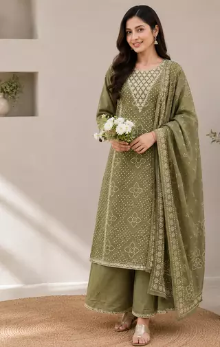 Women's Green Bandhani Printed Kurta Pant Set with Dupatta