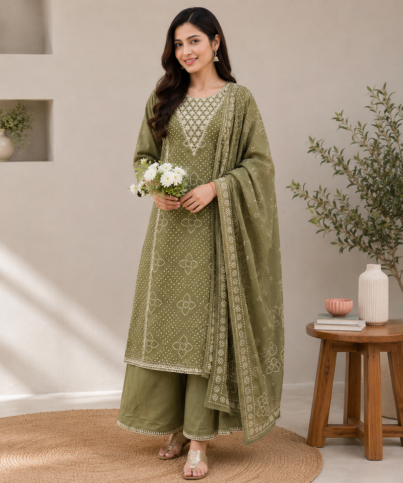 Women's Green Bandhani Printed Kurta Pant Set with Dupatta