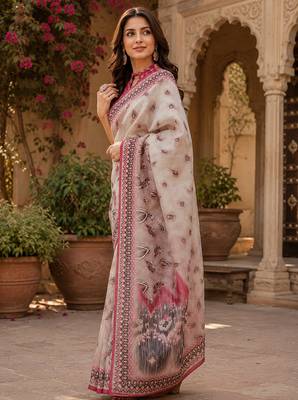 Women linen off white pasiley motifs bollywood saree 2