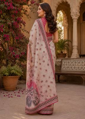 Women linen off white pasiley motifs bollywood saree 3