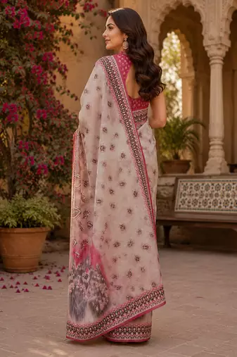 Women linen off white pasiley motifs bollywood saree