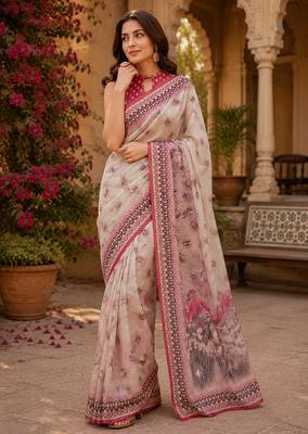 Women linen off white pasiley motifs bollywood saree 4