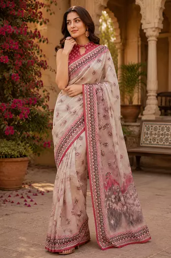 Women linen off white pasiley motifs bollywood saree