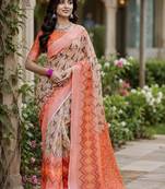 Women linen cream & peach abstract bollywood saree