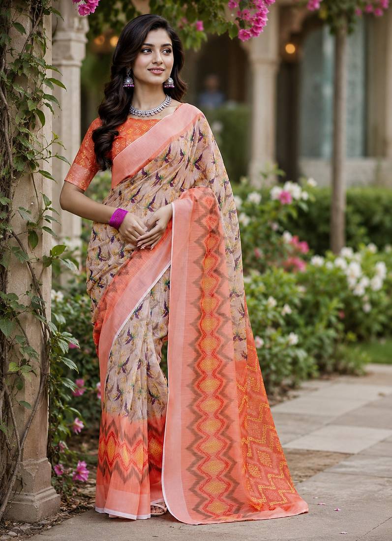 Women linen cream & peach abstract bollywood saree