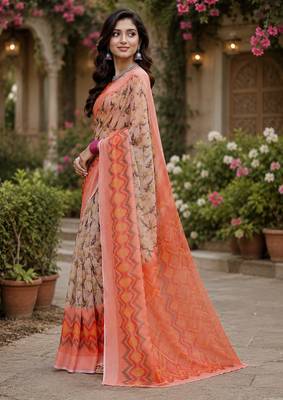 Women linen cream & peach abstract bollywood saree 2
