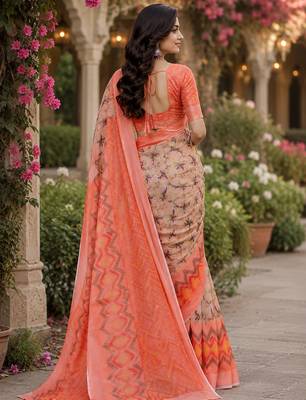 Women linen cream & peach abstract bollywood saree 3