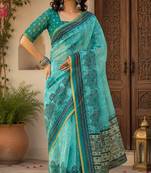 Women linen turquoise blue floral bollywood saree