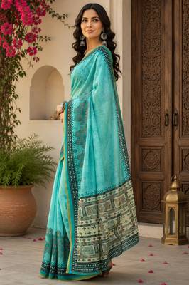 Women linen turquoise blue floral bollywood saree 2