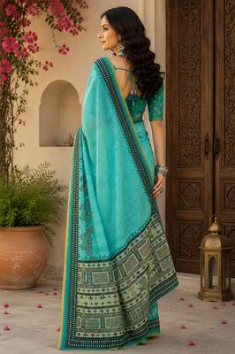 Women linen turquoise blue floral bollywood saree 3
