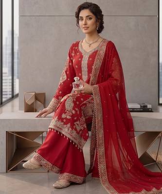 Red embroidered straight kurta palazzo set with dupatta 3
