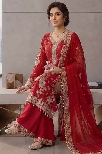 Red embroidered straight kurta palazzo set with dupatta